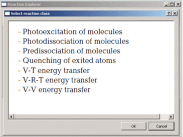 Photoexcitation of molecules, photodissociation of molecules, predissociation of molecules, quenching of excited atoms, V-T V-R-T V-V energy transfer