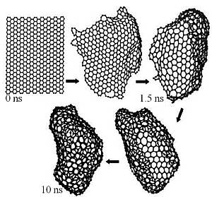 Carbon nanostructures, molecular dynamic, folding of a graphite sheet, Stone-Wales rearrangement, graphene, reaction coordinate.